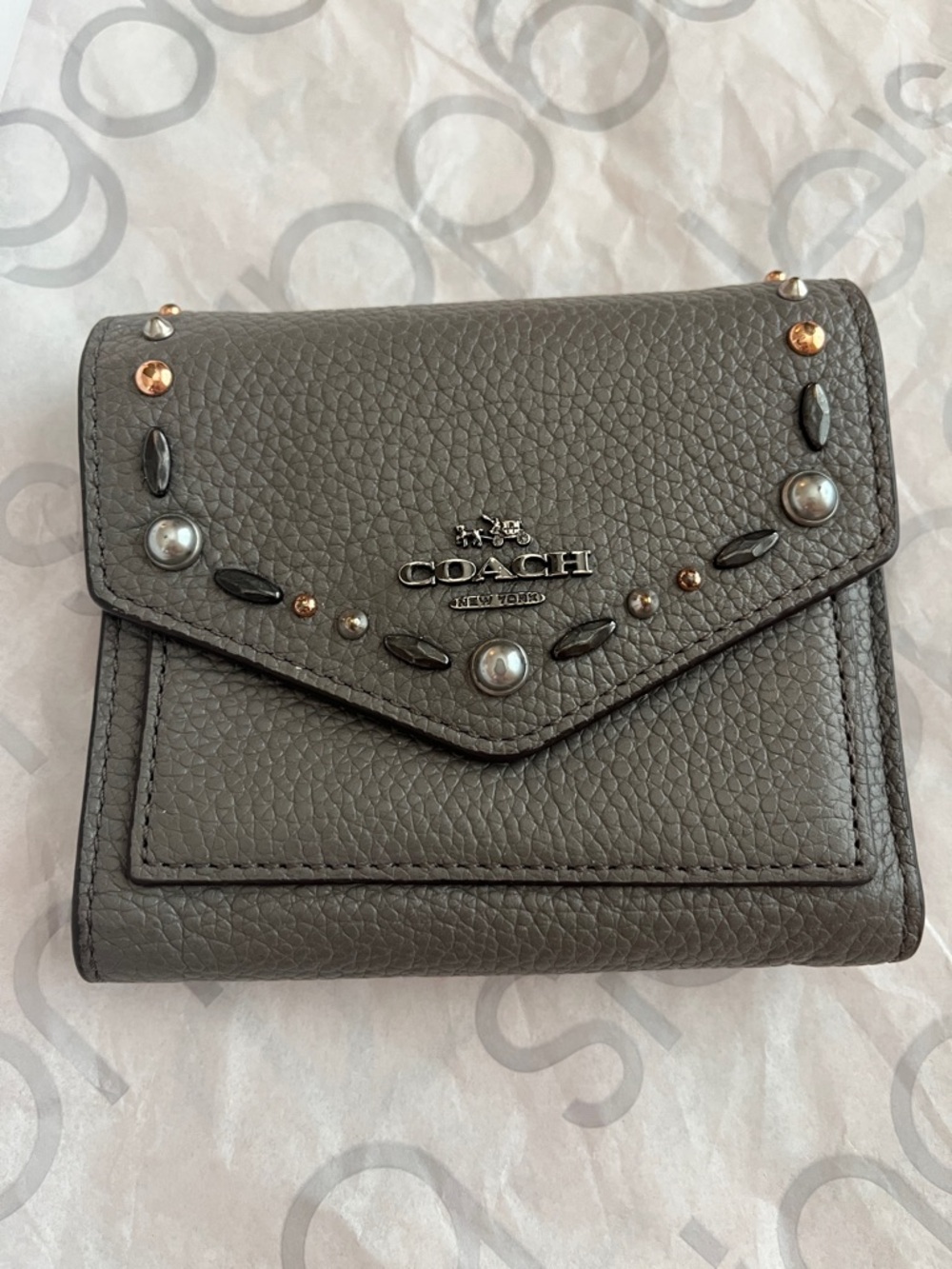 Coach Gray Pebbled Leather Studded Bifold Wallet
